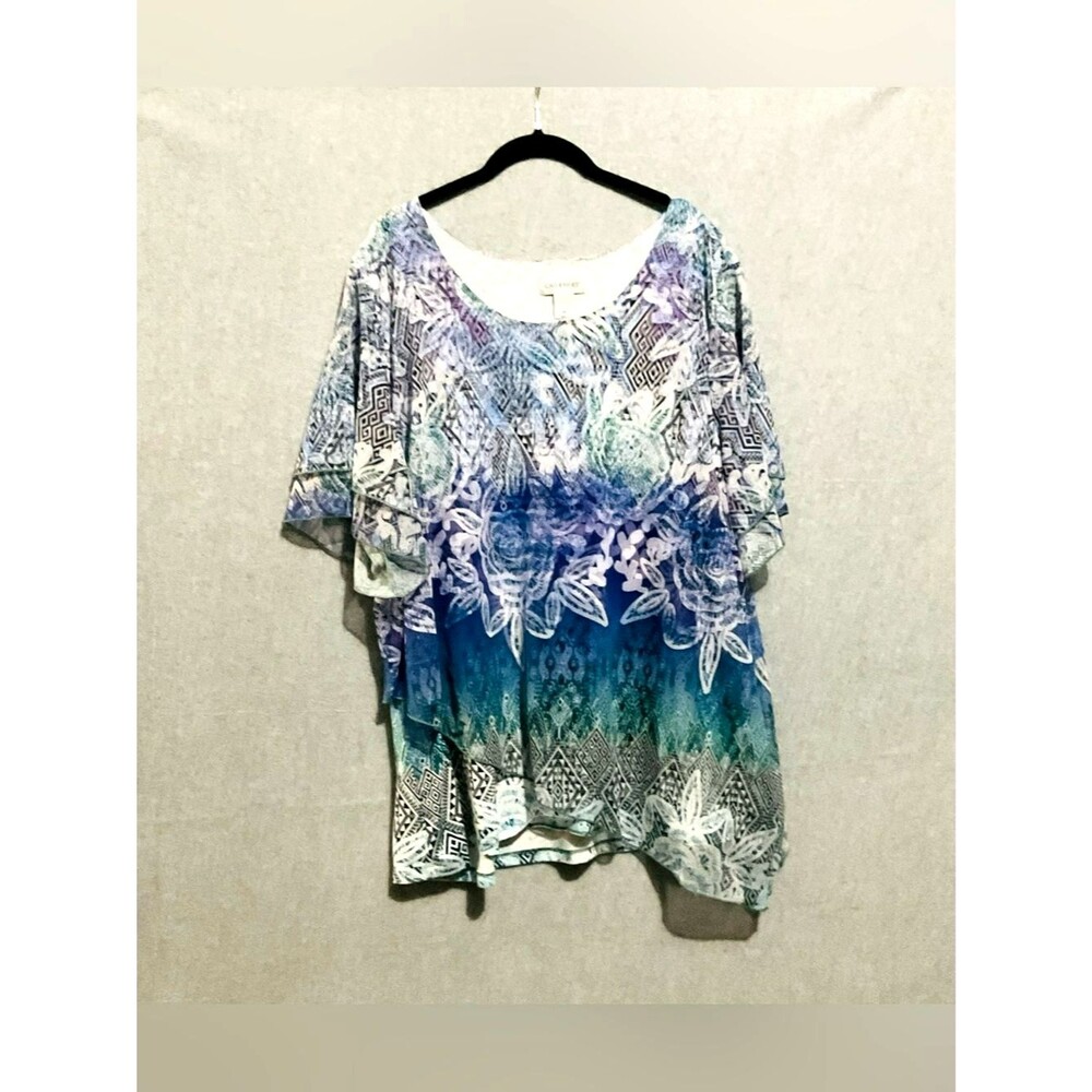 Catherines 3X Blue Floral Geometric Mesh Layered Poncho Blouse Top Short Sleeve